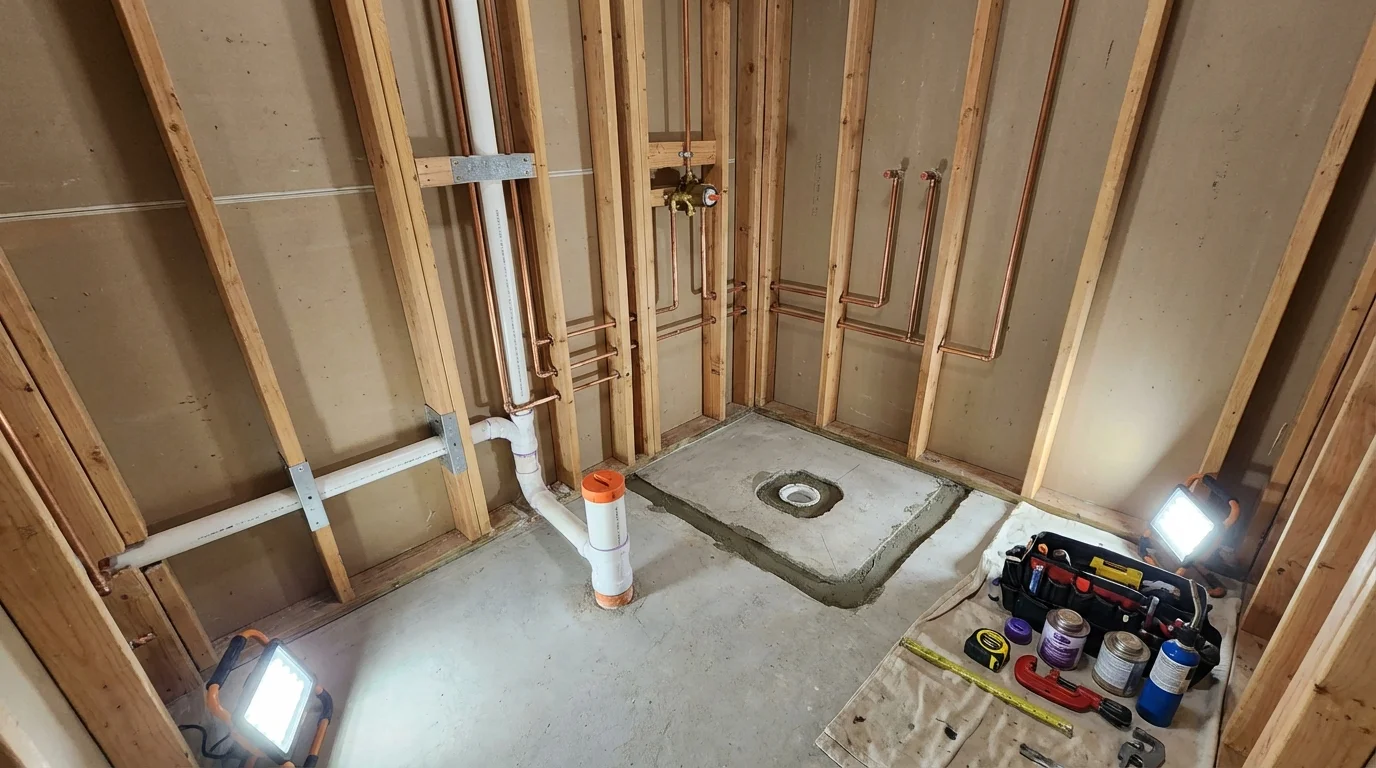 Bathroom rough-in plumbing during remodel by Johns Plumbing LLC in Prestonsburg