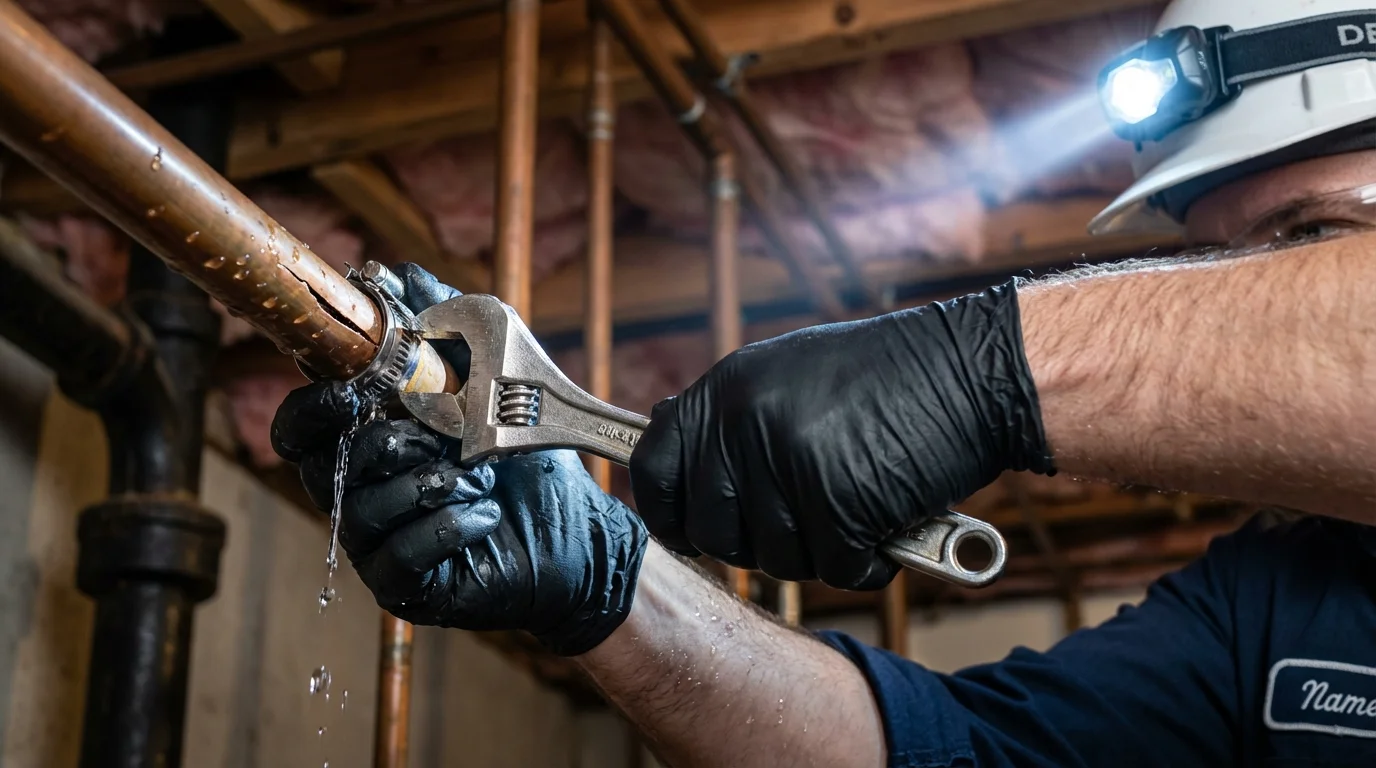 Emergency pipe clamp repair being performed by a Johns Plumbing LLC plumber in Prestonsburg
