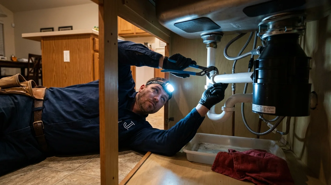 P-trap and supply line connections under a kitchen sink showing a common leak point in Prestonsburg, KY